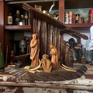 Vintage Rustic Wood Nativity Scene Christmas‎ Religious Wooden Carved Sculpture